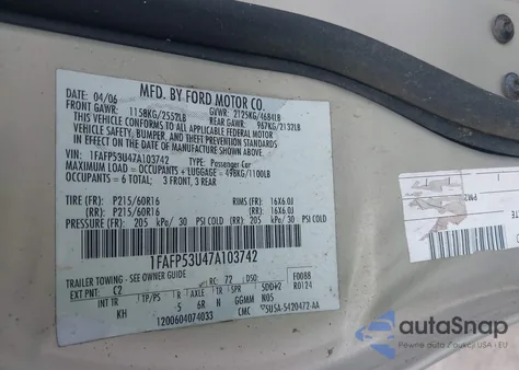 2007 Ford Taurus Se from USA, damaged, VIN 1FAFP53U47A103742